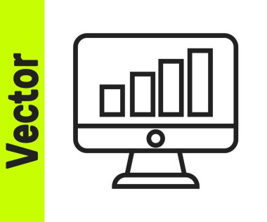 Grafik çizelgesi simgesi beyaz arkaplanda izole edilmiş siyah çizgi bilgisayar monitörü. Metin dosyasını rapor et. Muhasebe tabelası. Denetim, analiz, planlama. Vektör.