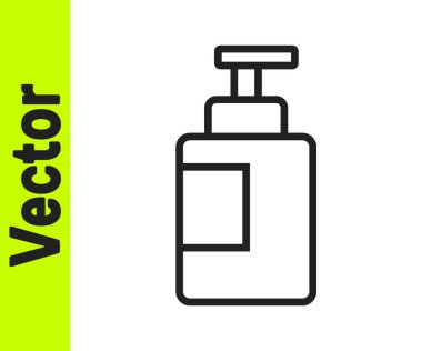 Siyah çizgi El dezenfektanı beyaz arka planda izole edilmiş. Dezenfeksiyon konsepti. Yıkama jeli. Hijyen için alkol şişesi. Vektör.