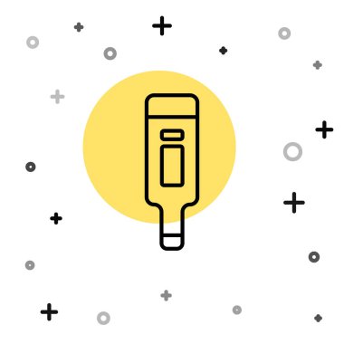 Tıbbi muayene ikonu için siyah çizgi dijital termometresi beyaz arka planda izole edildi. Rastgele dinamik şekiller. Vektör.