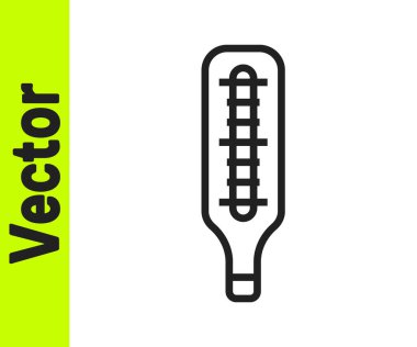 Tıbbi inceleme için siyah çizgi termometresi beyaz arka planda izole edilmiş. Vektör.