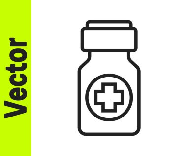 Siyah çizgi ilaç şişesi ve beyaz arka planda izole edilmiş hap ikonu. Şişe hapı işareti. Eczane tasarımı. Vektör.