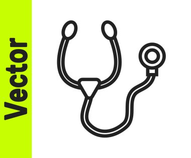 Siyah çizgi steteskop tıbbi araç simgesi beyaz arka planda izole edildi. Vektör.