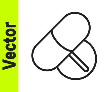 Siyah çizgi ilaç hapı ya da beyaz arkaplanda izole edilmiş tablet ikonu. Kapsül hapı ve uyuşturucu işareti. Eczane tasarımı. Vektör.