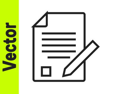 Beyaz zemin üzerinde silgi simgesi olan siyah çizgi sınav kağıdı ve kalem. Sınav kağıdı, sınav ya da araştırma konsepti. Sınav ya da sınav. Vektör.