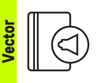 Beyaz arkaplanda siyah çizgi sesli kitap simgesi izole edildi. Kulaklıklı kitap. Ses rehberi işareti. Çevrimiçi öğrenme kavramı. Vektör.