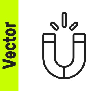 Beyaz arkaplanda siyah çizgi mıknatısı simgesi izole edildi. At nalı mıknatısı, manyetizma, manyetizma, çekim. Vektör.