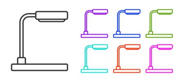 Beyaz arkaplanda siyah çizgi masa lambası simgesi izole edildi. Simgeleri renklendirin. Vektör.