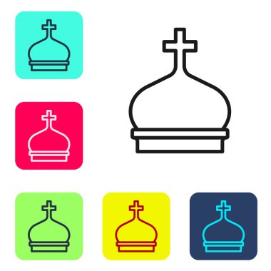 Siyah çizgi Hıristiyan kilise kulesi ikonu beyaz arka planda izole edildi. Kilisenin dini. Renkli kare düğmelerle simgeleri ayarla. Vektör.