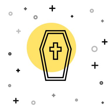 Beyaz arka planda izole edilmiş siyah çizgi tabut ve Hıristiyan haç simgesi. Mutlu Cadılar Bayramı Partisi. Rastgele dinamik şekiller. Vektör.