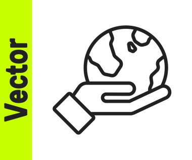 Siyah çizgi insan eli, beyaz zemin üzerinde Dünya 'nın ikonunu tutuyor. Dünya kavramını sakla. Vektör.