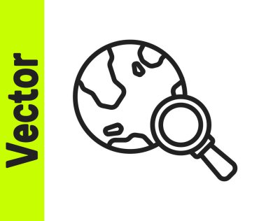 Beyaz arka planda izole edilmiş siyah çizgi büyüteç. Dünyayı analiz ediyorum. Küresel arama işareti. Vektör.