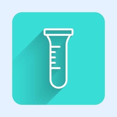Beyaz çizgi test tüpü ve uzun gölgeli kimyasal test ikonu. Laboratuvar cam levhası. Yeşil kare düğmesi. Vektör.