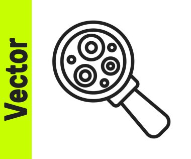 Büyüteç simgesi altındaki siyah çizgi mikroorganizmalar beyaz arkaplanda izole edilmiş. Bakteri ve mikroplar, hücre kanseri, mikrop, virüs, mantar. Vektör.