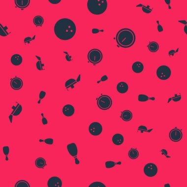 Bowling pimi, top, eskrim kaskı maskesi ve Stopwatch 'ı kusursuz desene ayarlayın. Vektör.