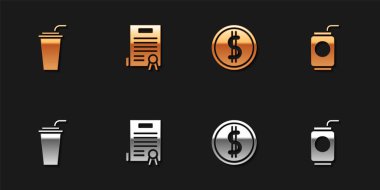 Kağıt bardağı samanla, bağımsızlık ilanıyla madeni para ve soda kutusu ikonuyla ayarla. Vektör.