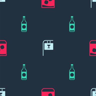 Bir bardak viski, üzerinde bar ve bira şişesi olan tabela. Vektör.