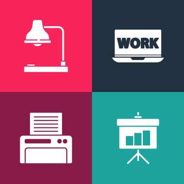 Pop Art Chalkboard 'u diyagram, yazıcı, dizüstü bilgisayar metin çalışması ve masa lambası simgesi ile ayarla. Vektör.