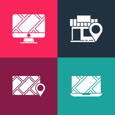 Pop Art City harita navigasyonunu, mağaza ve monitör konum belirleyici simgesi olan konumu ayarlayın. Vektör.