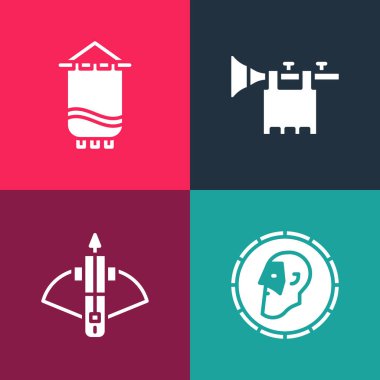 Pop sanatını Kadim madeni parasına, oklu savaş tatar yayına, trompet bayrağına ve ortaçağ ikonuna ayarla. Vektör.