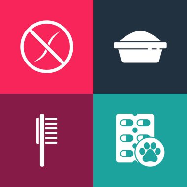 Pop sanatı hapı, evcil hayvan ilacı, yemek kasesi ve parazit önleyici ikonu hazırla. Vektör.