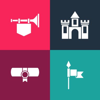 Pop sanatını ortaçağ mızrağı, ferman, parşömen, parşömen, parşömen, kale, kale ve trompet olarak ayarla. Vektör.