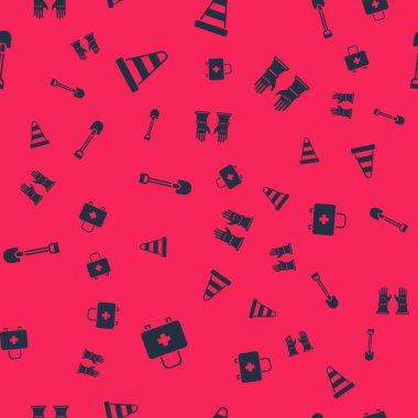 İlk yardım çantasını, trafik konisini, yangın küreğini ve itfaiyeci eldivenlerini kusursuz desenlere ayarlayın. Vektör.