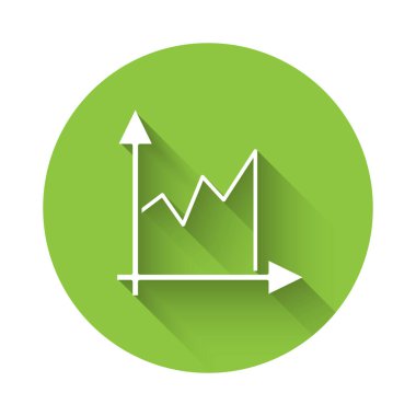 Beyaz Grafik, çizelge, grafik, diyagram, bilgi grafiği, uzun gölgeli turta grafik simgesi. Yeşil daire düğmesi. Vektör.