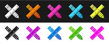 Çapraz cetvel ve kalem simgesini siyah ve beyaz arkaplanda izole et. Düz sembol. Çizim ve eğitim araçları. Vektör.