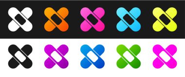 Siyah beyaz arkaplanda çapraz bandaj alçı simgesini ayır. Tıbbi alçı, yapıştırıcı bandaj, esnek kumaş bandajı. Vektör.