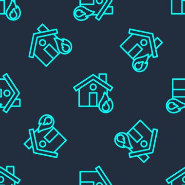 Yanan ev ikonunda yeşil çizgi yangını mavi arka planda izole edilmiş pürüzsüz desen. Vektör.