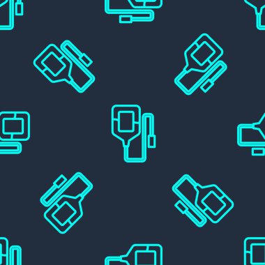 Yeşil çizgi IV çanta ikonu mavi arkaplanda izole edilmiş kusursuz desen. Kan torbası. Kan bağışı konsepti. Tedavi ve terapi kavramı, kemoterapi. Vektör.