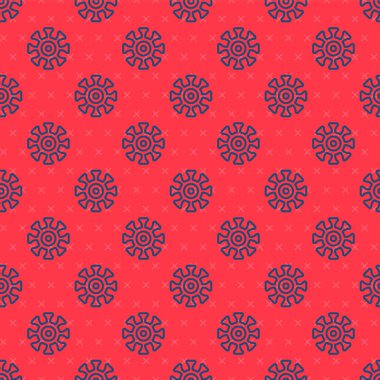 Mavi çizgi bakteri simgesi kırmızı arkaplanda izole edilmiş kusursuz desen. Bakteriler ve mikroorganizmalar, sebep olan mikroorganizma hastalıkları, hücre kanseri, mikrop, virüs, mantar. Vektör.