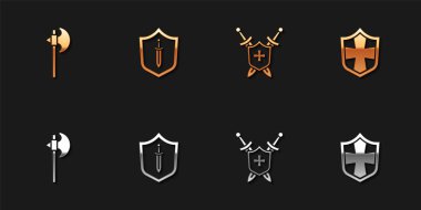 Ortaçağ baltası, kalkanı kılıçlı, kılıçlı ve kalkanlı ikonu hazırlayın. Vektör.