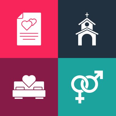 Popüler sanatsal cinsiyet, yatak odası, kilise binası ve tebrik kartı ikonunu ayarla. Vektör.