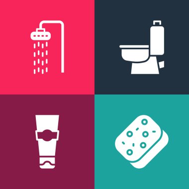 Pop sanat süngeri, diş macunu tüpü, klozet ve duş ikonu hazırla. Vektör.