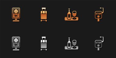 Bilgi standı, bavul, cam ve acil durum fren ikonu olan şarap şişesi. Vektör.