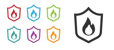 Siyah Ateş Koruma Kalkanı simgesi beyaz arkaplanda izole edildi. Sigorta konsepti. Güvenlik, güvenlik, koruma, konsept koruma. Simgeleri renklendirin. Vektör.