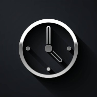 Siyah arkaplanda izole edilmiş Gümüş Saat simgesi. Zaman sembolü. Uzun gölge tarzı. Vektör.