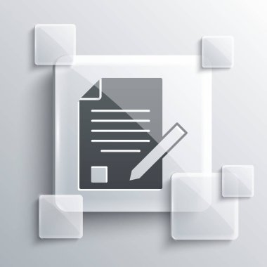 Gri arka planda silgi simgesi olan Gri Sınav kağıdı ve kalem. Sınav kağıdı, sınav ya da araştırma konsepti. Sınav ya da sınav. Kare cam paneller. Vektör.