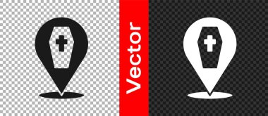 Şeffaf arka planda izole edilmiş Hıristiyan haç simgesine sahip Kara Tabut. Mutlu Cadılar Bayramı Partisi. Vektör.