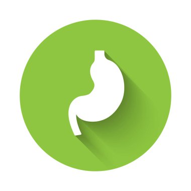 Uzun gölgeli beyaz insan mide ikonu. Yeşil daire düğmesi. Vektör.