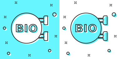 Siyah çizgi biyoyeşil sağlıklı yiyecek ikonu yeşil ve beyaz arka planda izole edildi. Organik ürün. Sağlıklı yemek etiketi. Rastgele dinamik şekiller. Vektör.