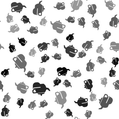 Siyah geleneksel Çin çay seremonisi ikonu beyaz arka planda izole edilmiş pürüzsüz desen. Fincanlı çaydanlık. Vektör.