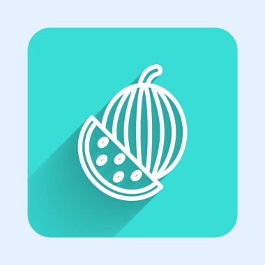 Beyaz çizgi karpuz ikonu uzun gölgeli izole edilmiş. Yeşil kare düğmesi. Vektör.