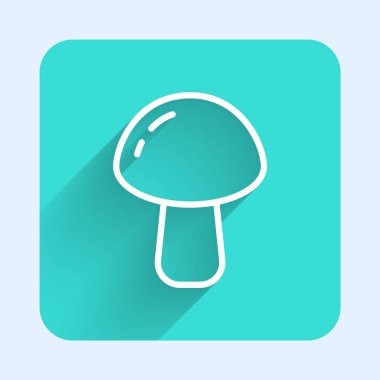 Beyaz çizgi mantar ikonu uzun gölgeli izole edilmiş. Yeşil kare düğmesi. Vektör.