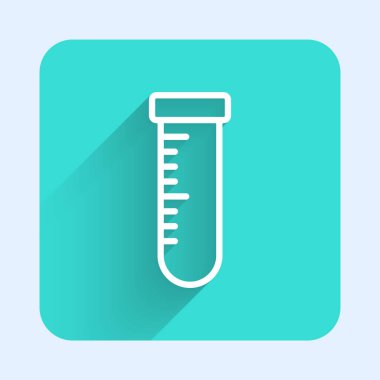 Beyaz çizgi test tüpü ve uzun gölgeli kimyasal test ikonu. Laboratuvar cam levhası. Yeşil kare düğmesi. Vektör.