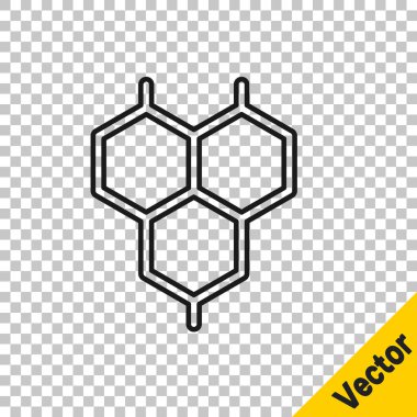 Siyah çizgi kimyasal formül simgesi şeffaf arkaplanda izole edildi. Yenilikçi tıp, sağlık, araştırma ve bilim için soyut altıgen. Vektör.