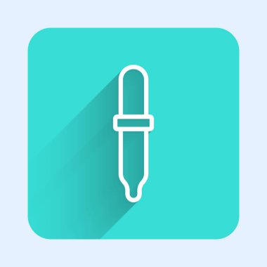 Beyaz çizgi Pipette ikonu uzun gölgeli izole edilmiş. Tıbbi elementler, kimya laboratuarı ekipmanları. Tıp sembolü. Yeşil kare düğmesi. Vektör.