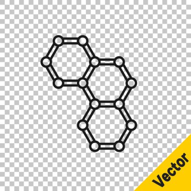 Siyah çizgi kimyasal formül simgesi şeffaf arkaplanda izole edildi. Yenilikçi tıp, sağlık, araştırma ve bilim için soyut altıgen. Vektör.