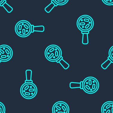 Büyüteç simgesi altındaki yeşil çizgi mikroorganizmaları mavi arkaplanda izole edilmiş pürüzsüz desen. Bakteri ve mikroplar, hücre kanseri, mikrop, virüs, mantar. Vektör.